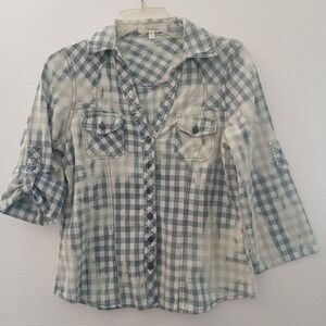 Eden&Olivia Lady Shirt Size PM Blue&WhitePlaid Washout Rollup3/4Sleeve  ButtonUp
